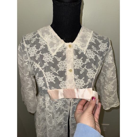Vintage 60s Pink Nightie Womens Size 32 Lace Shortie Chiffon Babydoll Nightgown - Picture 2 of 4